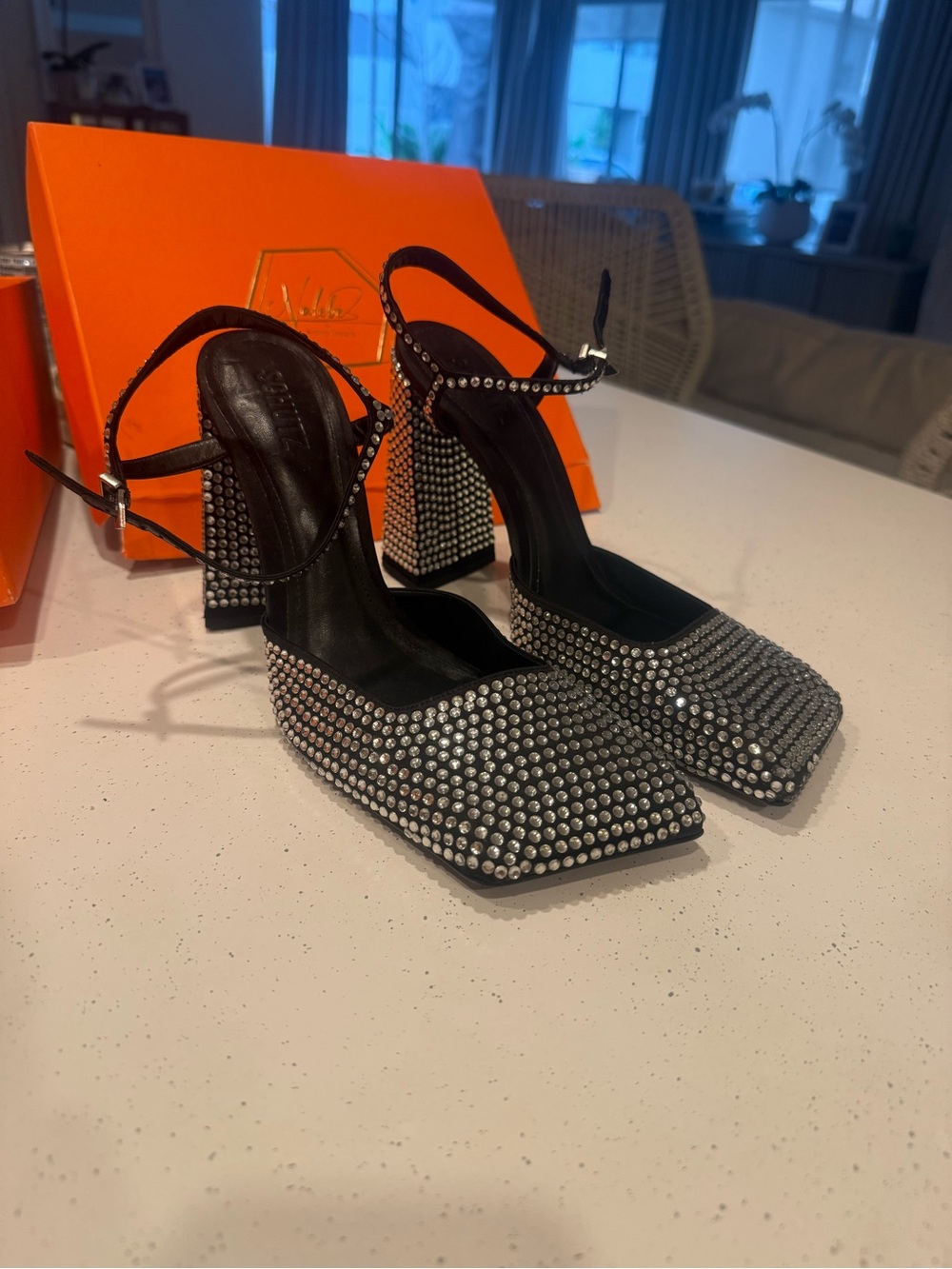 SCHUTZ Black Rhinestone Block Heel Slingbacks - brand new never worn